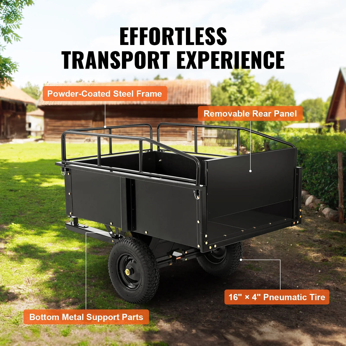 KFFKFF Dump Trailer Tow Behind Dump Cart 15 Cu. Ft. 750 lbs Heavy Duty ATV Trailer Steel Dump Cart, Steel Construction Garden Utility Trailer with Removable Sides