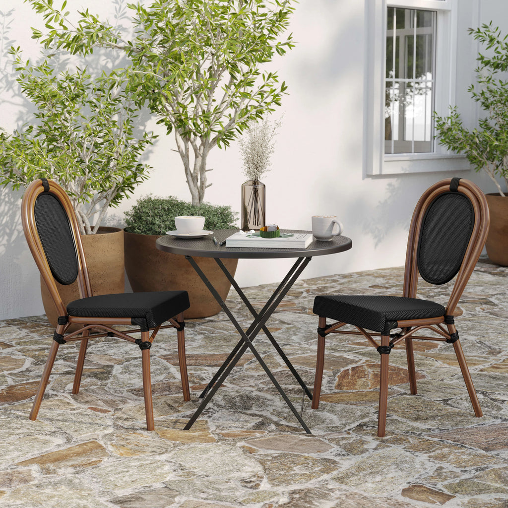 Merrick Lane Stacking Thonet French Bistro Style Chair with Arms, Black & White PE Rattan Seat, and Bamboo Finished Metal Frame for Indoor/Outdoor Use