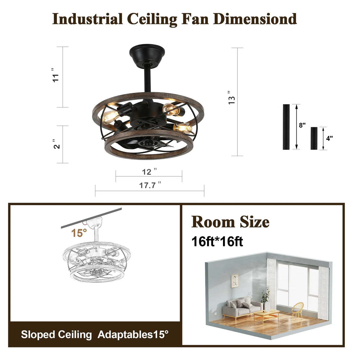 18" Rustic Wood Caged Ceiling Fan with Light and Remote Control, Farmhouse 3-Speed Reversible Flush Mount Ceiling Fan