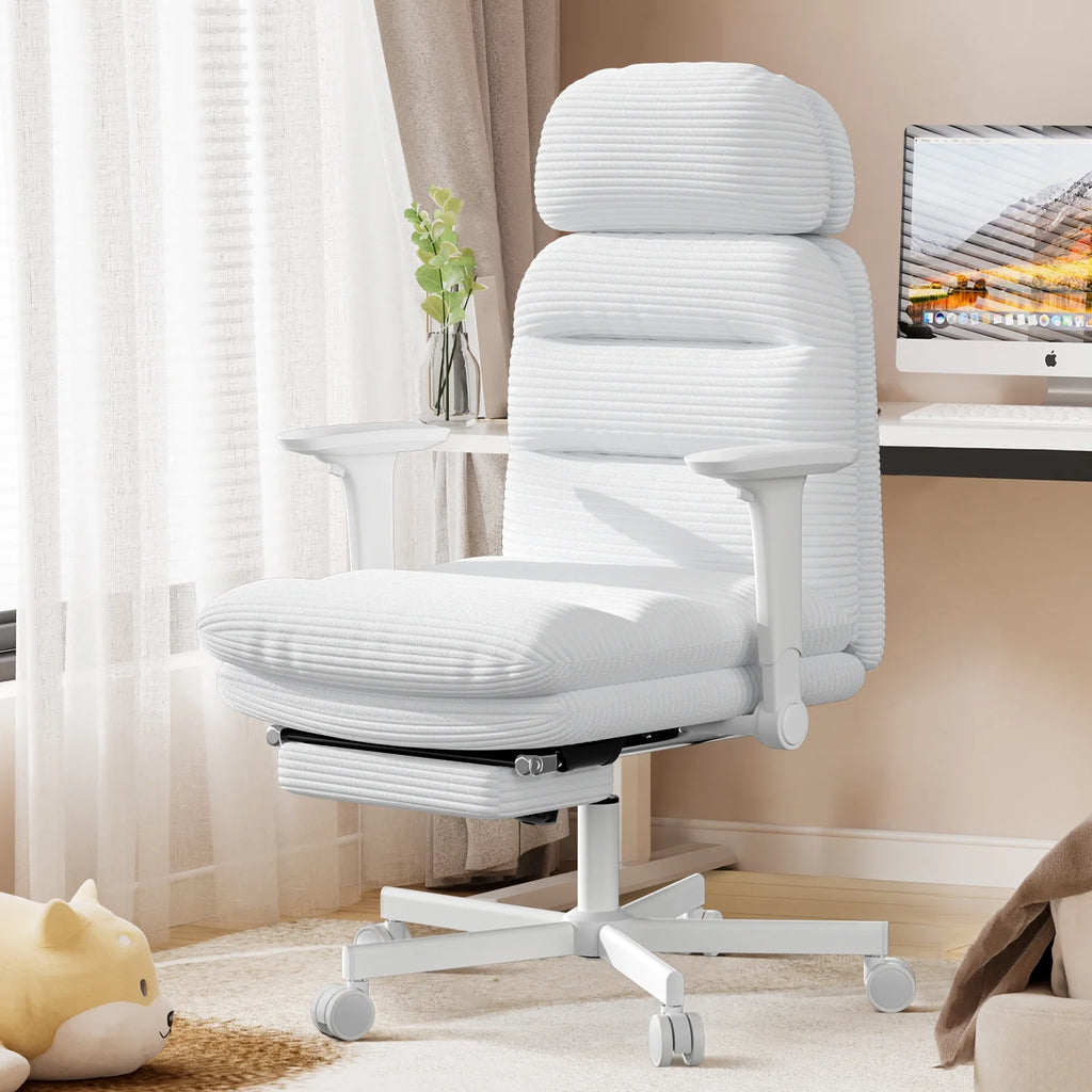 HomeZeer Ergonomic Cross-Legged Office Chair with Footrest & Headrest, Heavy Duty Executive Desk Chair with Flip-up Armrests, Corduroy Fabric Computer Criss Cross Chair for Home Office, Black
