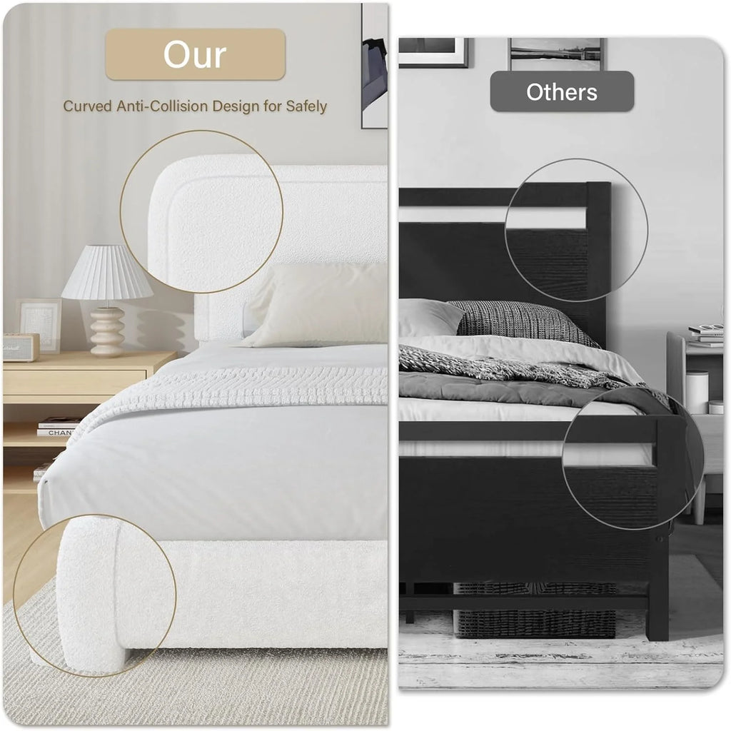 4 EVER WINNER Twin Size Bed Frame, Modern Bed Frame with Headboard, Boucle Fabric Upholstered Bed Frame, Soft Curved Headboard, Cream