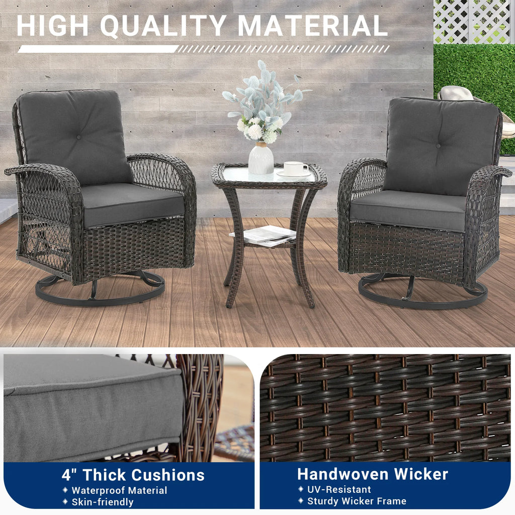 MRUAKA 3 Pieces Patio Furniture Set, Outdoor Swivel Gliders Rocker, Wicker Patio Bistro Set with Rattan Rocking Chair, Glass Top Side Table and Thickened Cushions (Khaki)
