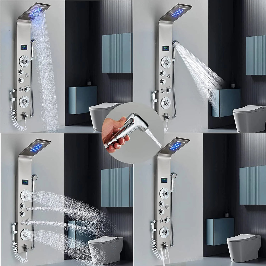 Shower Panel Tower System LED Rain&Waterfall Massage Jet Sprayer Stainless Steel