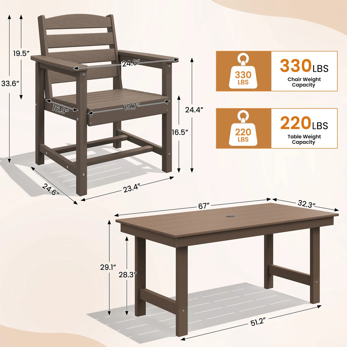 KINGYES 7-Piece Outdoor Dining Set, HDPE Patio Table and Chairs with Umbrella Hole, Gray