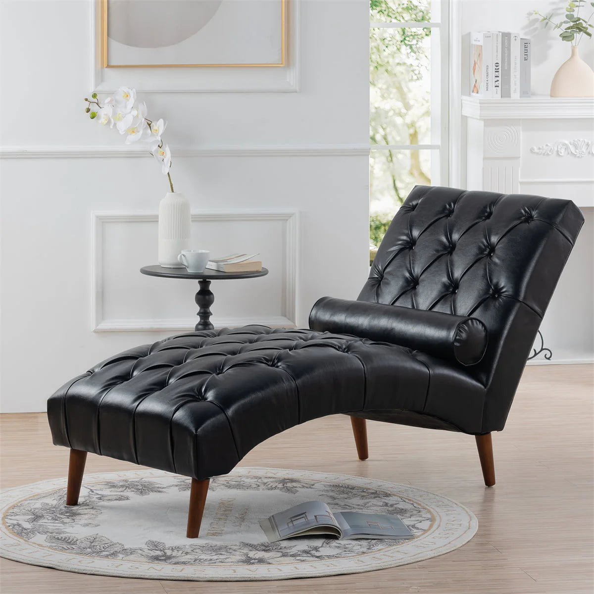 Upholstered Chaise Lounge, Indoor Recliner Sleeper Chair with Lumbar Pillow, Tufted Lounge Chair with Solid Wood Legs, Single Armless Rest Sofa Chair for Living Room Bedroom Office, Black PU