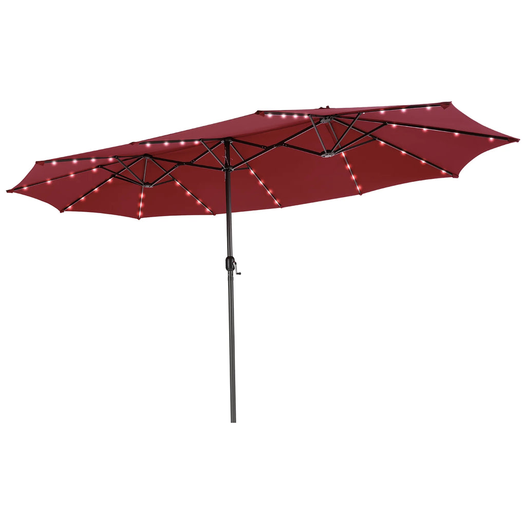 Costway 15FT Twin Patio Double-Sided Umbrella 48 Solar LED Lights Crank Outdoor Beige