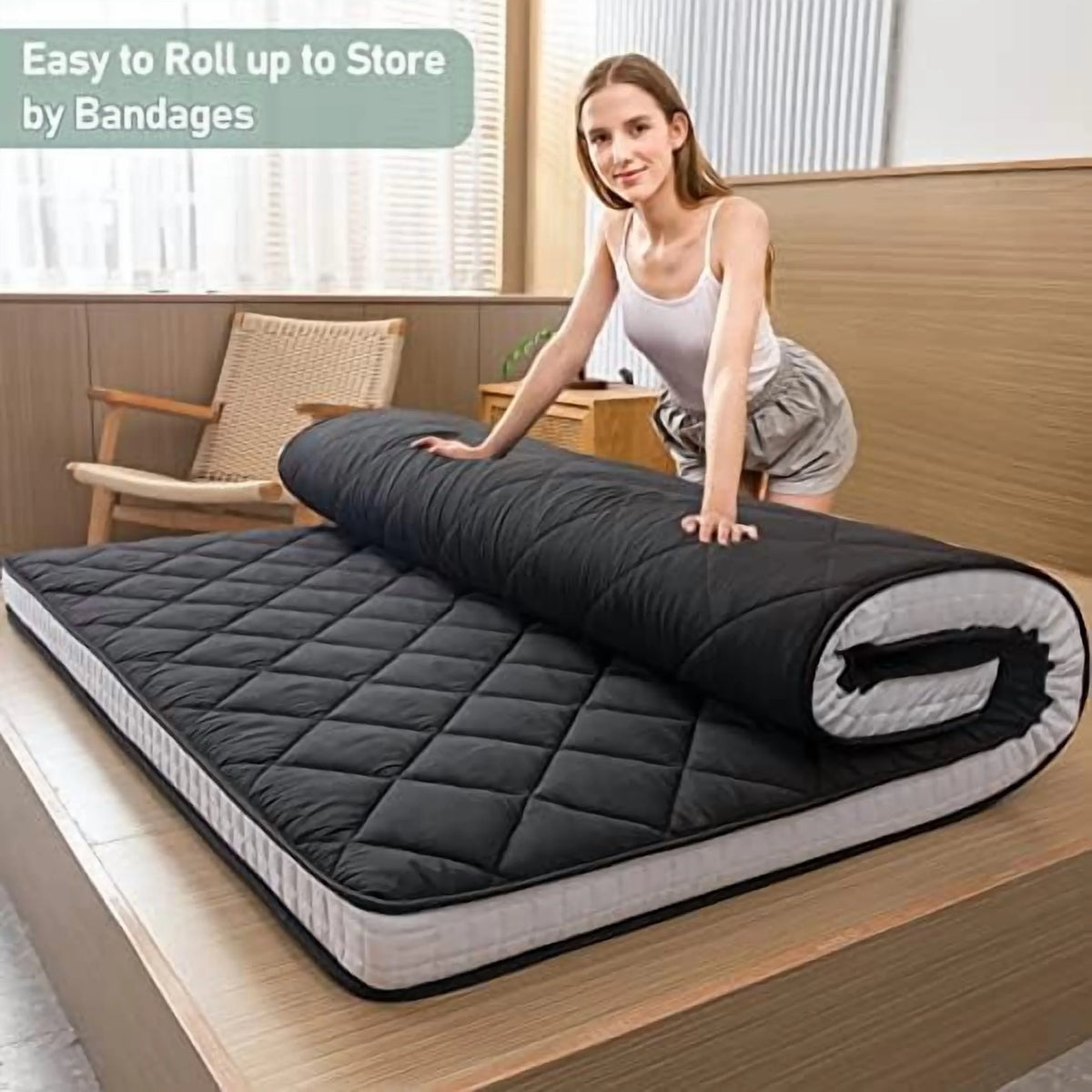 Japanese Floor Futon Mattress King Size, Floor Bed for Adults, Roll Up Folding Mattress, Diamond Patterned Japanese Futon Bed, Dark Grey