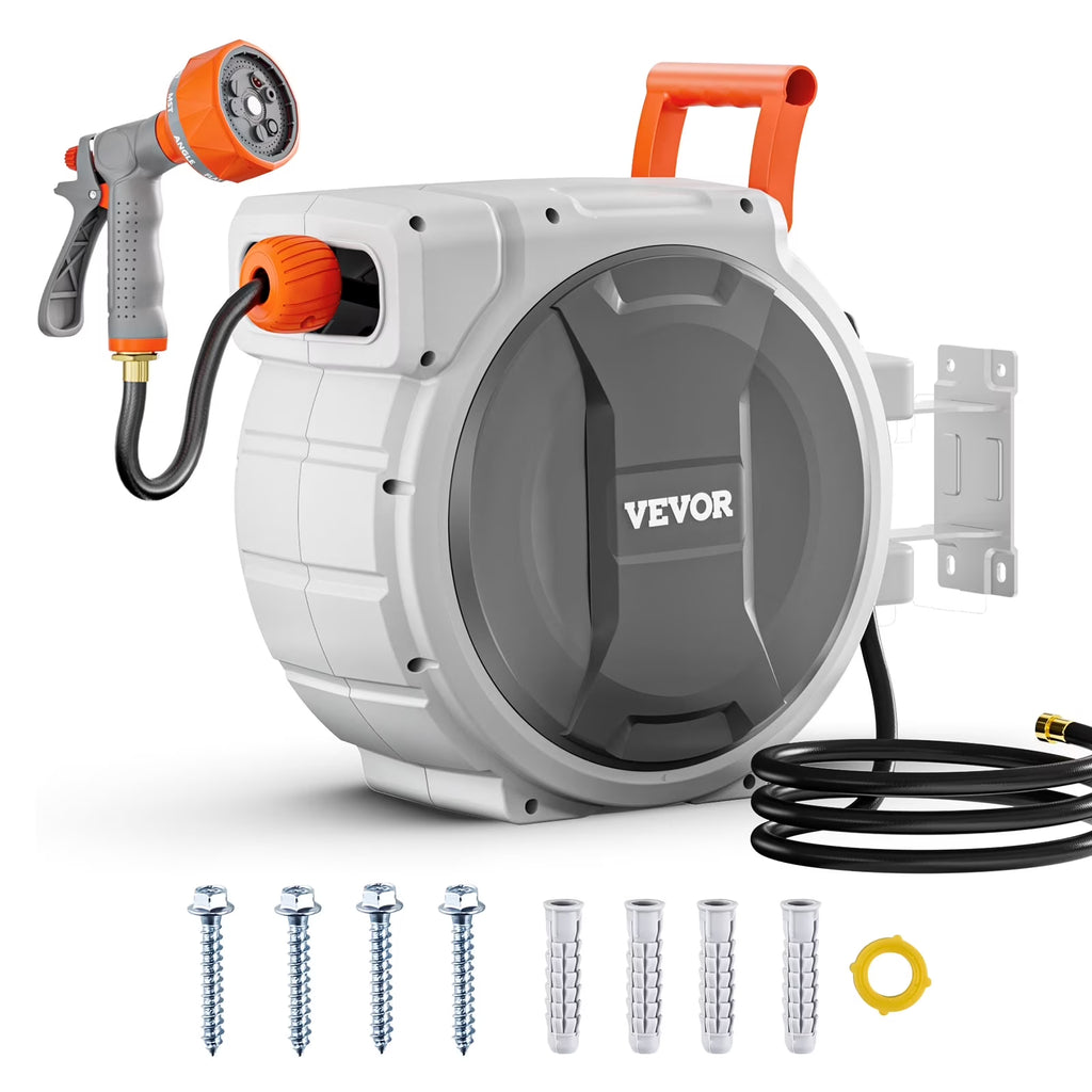VEVOR Retractable Garden Hose Reel, 5/8 Inch x 100 ft Wall Mounted Hose Reel, Heavy Duty Garden Hose Reel with 9 Patterns Nozzle, Any Length Lock, Upgraded Slow Return System and 180��Swivel Bracket
