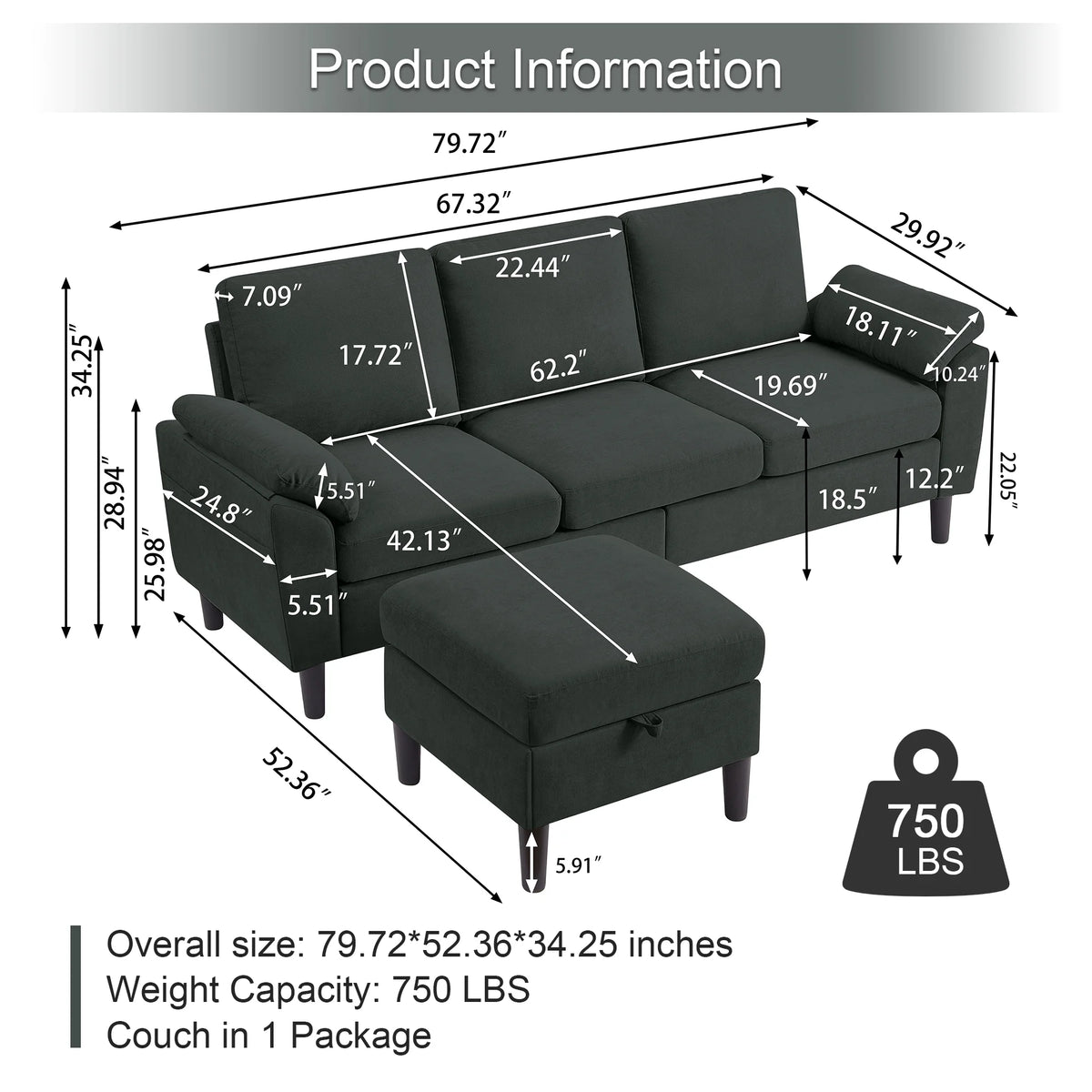 Pingliang Home Sectional Sofa Couch with Storage Ottoman,Modern 3 Seat L Shaped Sofa Couch for Living Room Apartment Studio Office