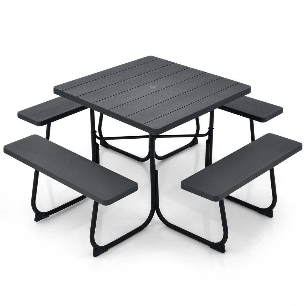 Costway Outdoor 8-person Square Picnic Table Bench Set with 4 Benches & Umbrella Hole White