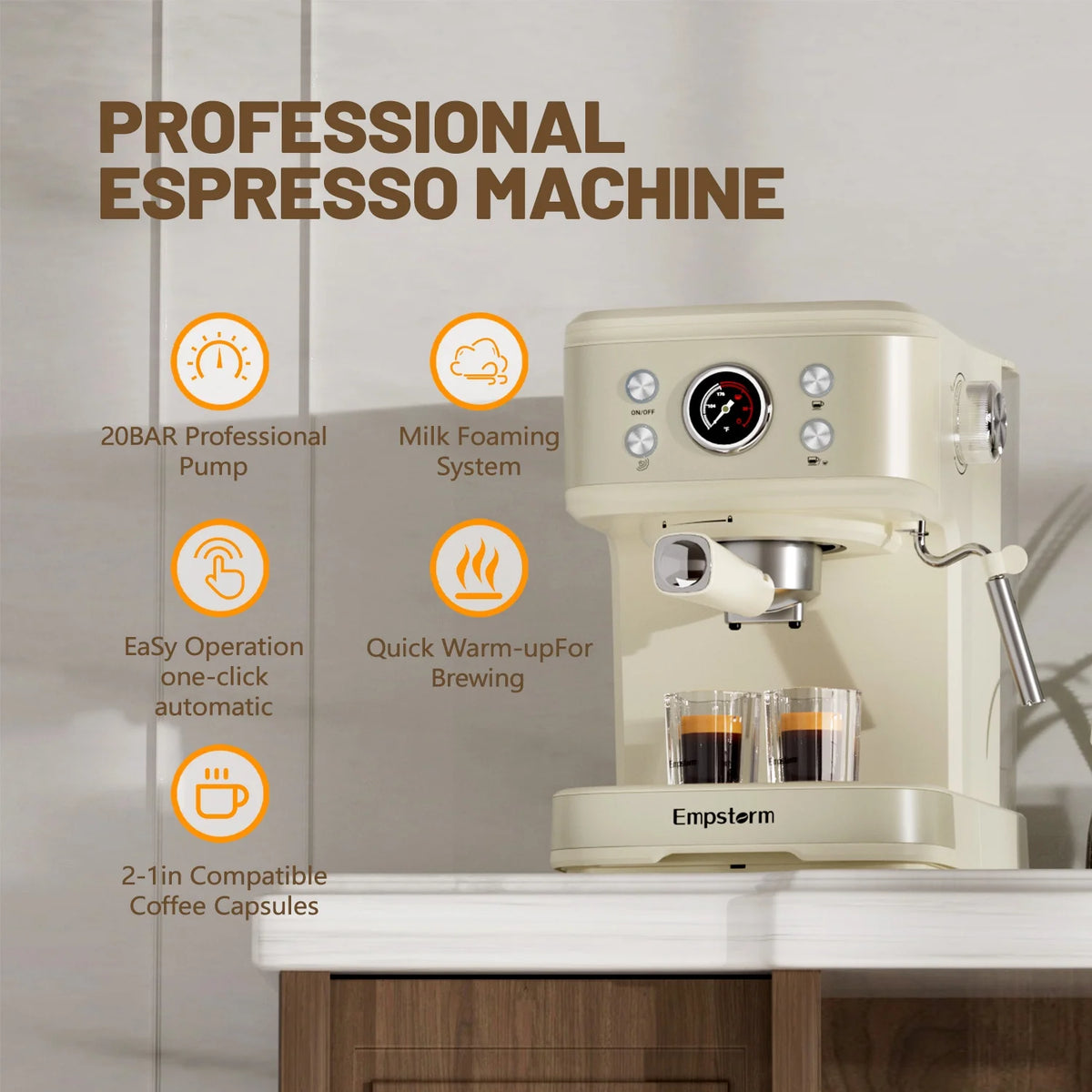 Empstorm 20 Bar Espresso Machine with Milk Frother Steam Wand, 3-in-1 Coffee Maker, Compatible with NS Pods, Stainless Steel, for Latte & Cappuccino, Beige