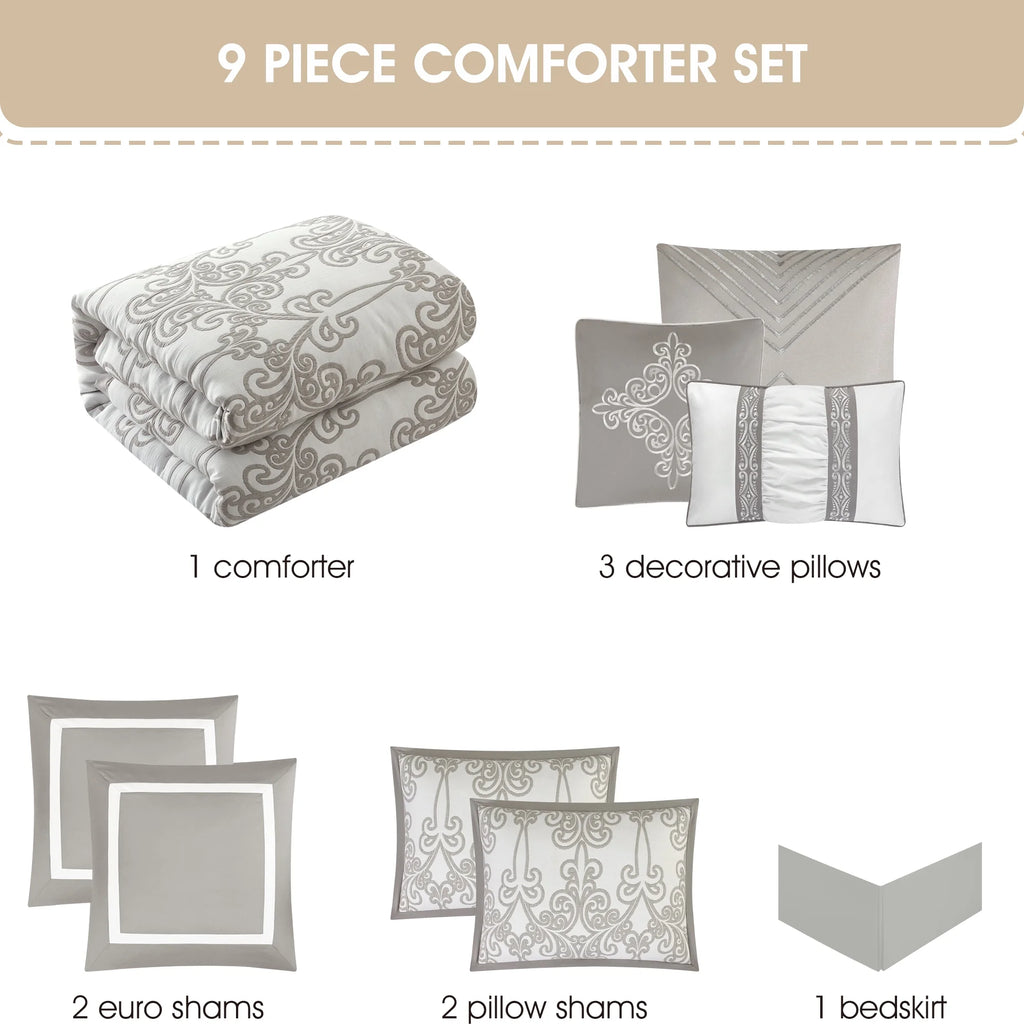Lanco Smoke Grey Comforter Set California King Size, 9 Piece Jacquard Floral Bedding Set, All Season, Ultra-Soft, Matching Pillows & Shams, Bed Skirt