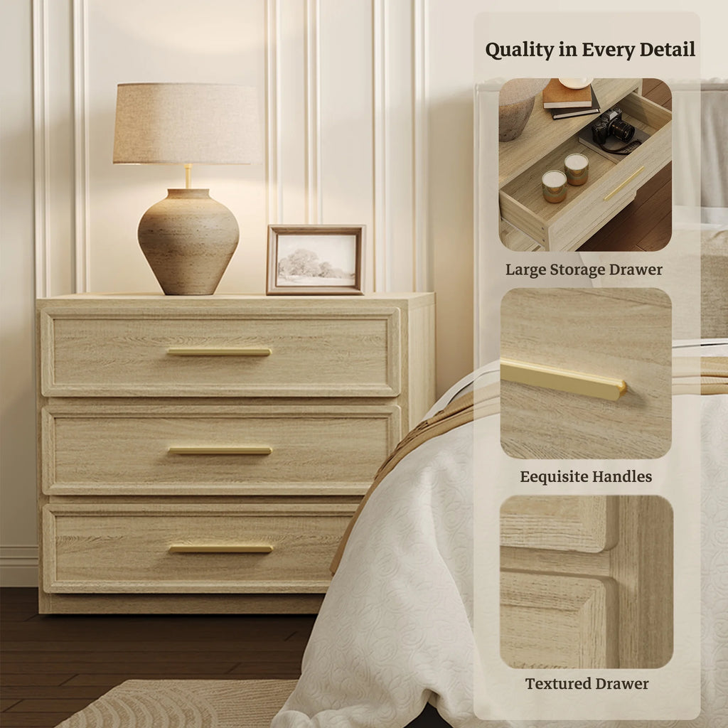 SICOTAS 31.3" W 3-Drawer Nightstand Set of 2 with Oversized Large Storage , Modern Night Stands Bedside Table with Adjustable Feet & Gold Handles for Bedroom Living Room Entryway, Light Oak