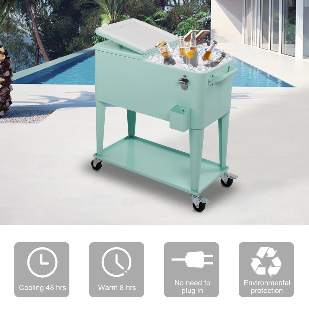 EasingRoom Iron Spray Plastic Patio Cooler Cart with Tray Cooler with Shelf Green