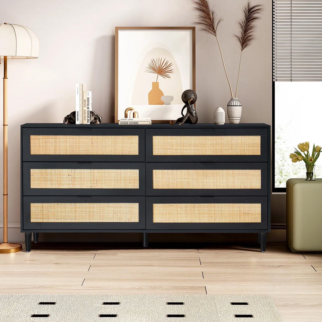 Wide 6 Drawer Rattan Dresser, Boho Dresser for Bedroom, Wooden Dresser Chest of Drawers, Natural