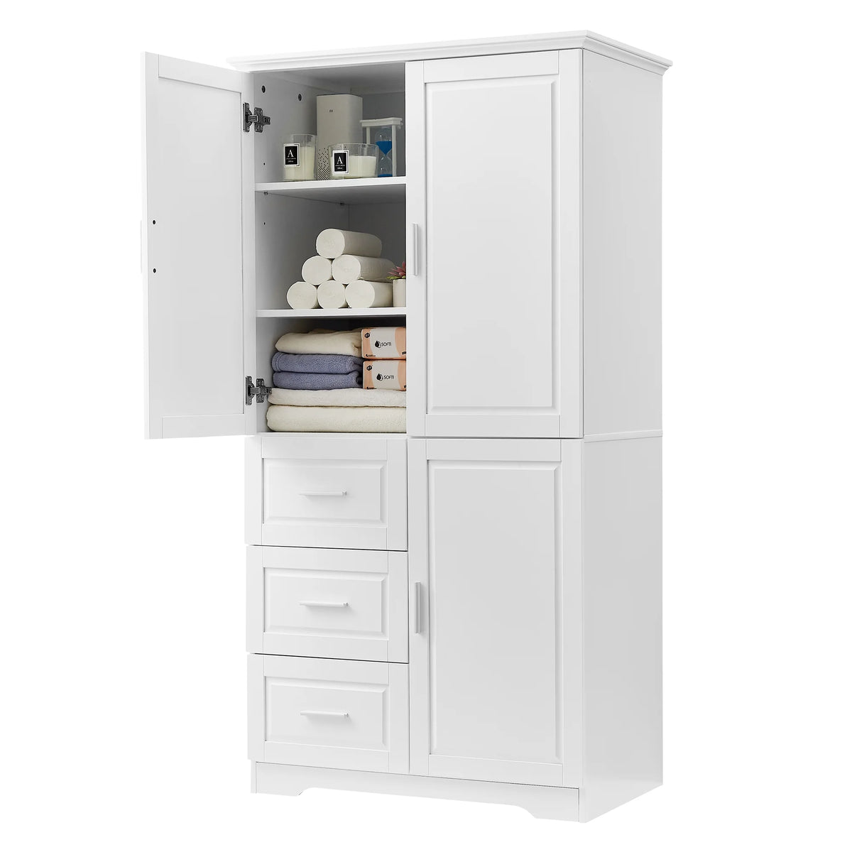 Bellemave White Tall Storage Cabinet with Adjustable Shelf Bathroom Cabinet with 1 Drawer and Storage Rack Large Freestanding Wood Cabinet Storage Organizer Floor Cabinet, White