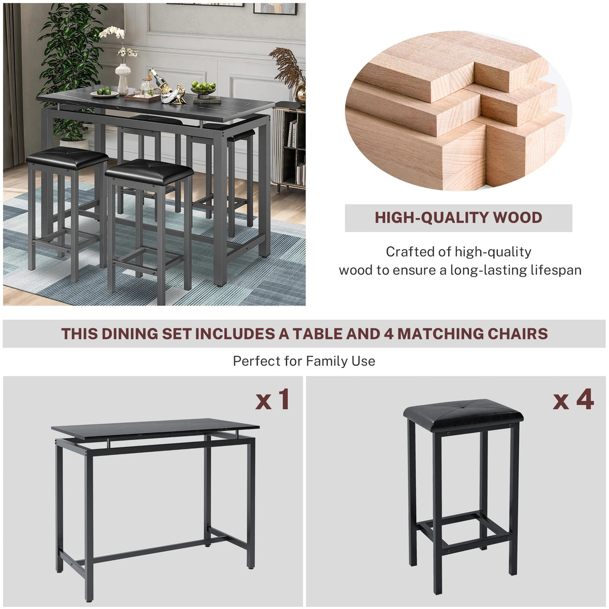 5 Piece Dining Set, Modern Dining Table and Chairs Set for 4, Counter Height Bar Table Set, Modern Pub Table with 4 Velvet Fabric Cushioned Stools, Faux Marble Dining Table & Stools Set, D9297