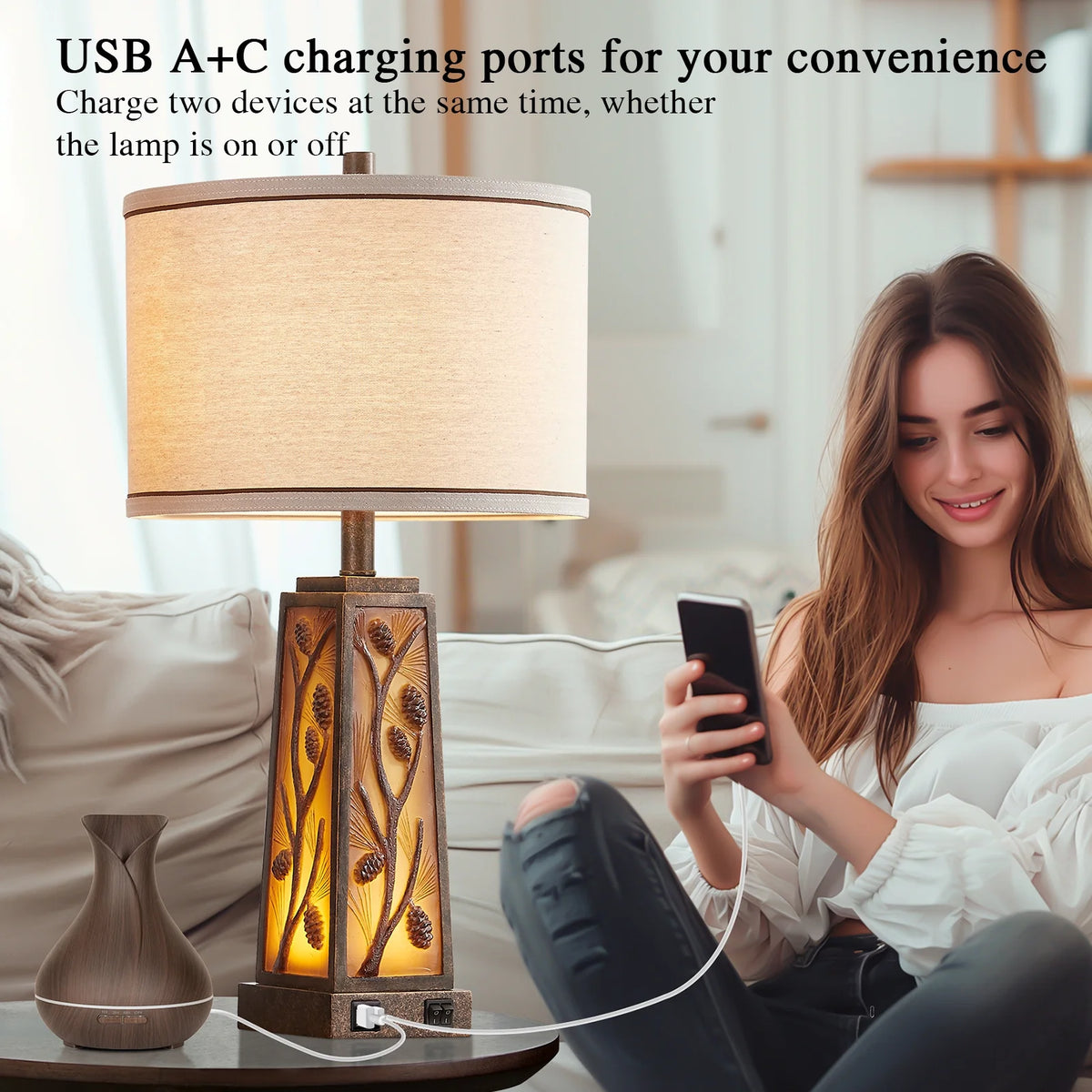 RORIA 24a?? Modern Living Room Table Lamp 2-Piece Set with 2 USB Charging Ports, Built-in White Frosted Glass with Night Light, Black Vintage Rustic Farmhouse Lamp for Bedroom Nightstand Lamps