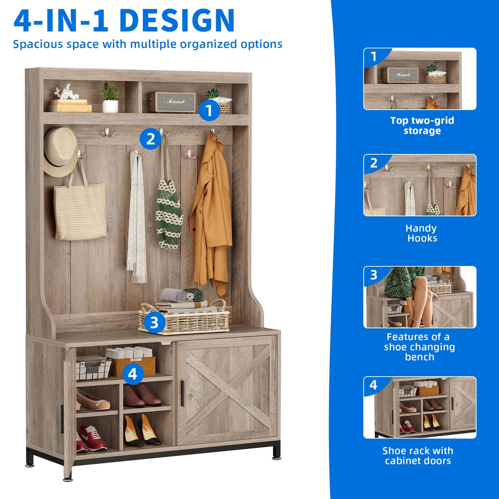Dextrus 4-in-1 Coat Rack with 14 Hooks, Farmhouse Hall Tree with Storage Bench, Coat Hanger, Shoe Cabinet for Hallway, Living Room, White