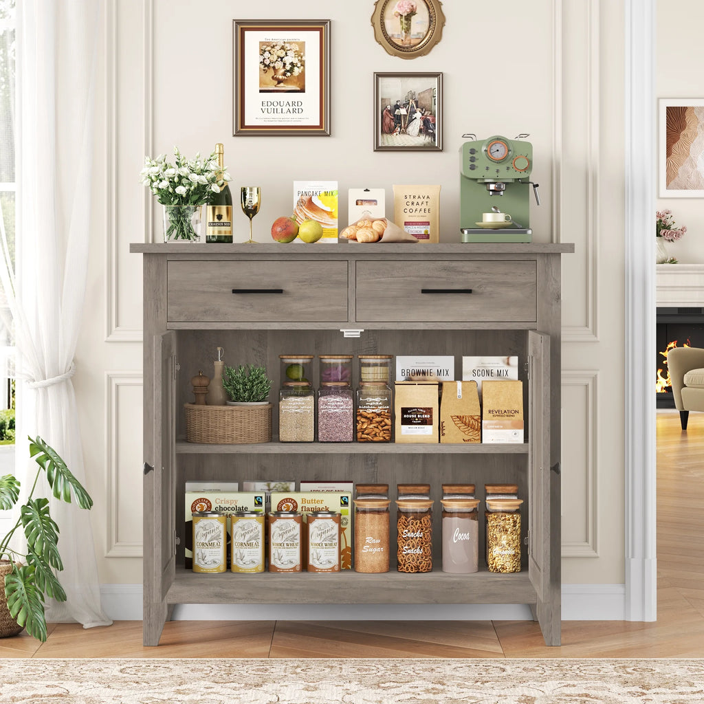 Homfa Entryway Cabinet, Kitchen Storage Cabinet, Farmhouse Buffet Sideboard with 2 Drawers and 2 Doors,Coffee Bar with Storage for Dining Room Living Room,White