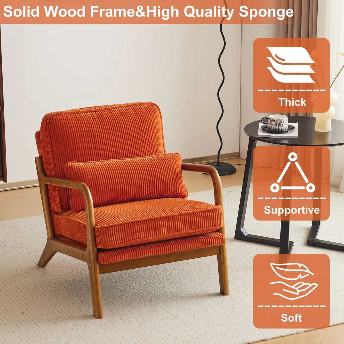 Ktaxon Accent Chair Corduroy Upholstered Armchair, Reading Club Chair with Pillow and Solid Wood Frame for Living Room Bedroom Furniture Off White