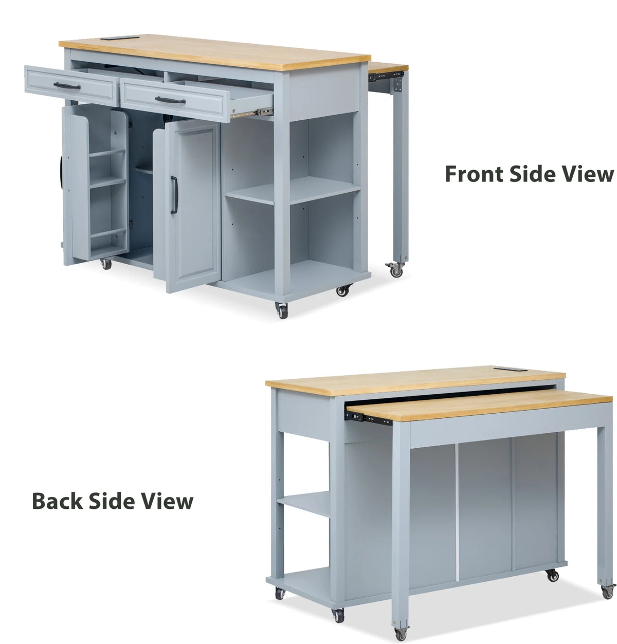 Kitchen Island with Extendable Table and Power Outlet, Wood Kitchen Rolling Cart with 2 Drawers & 2 Cabinets, Internal Storage Rack and Adjustable Shelf, Grey Blue
