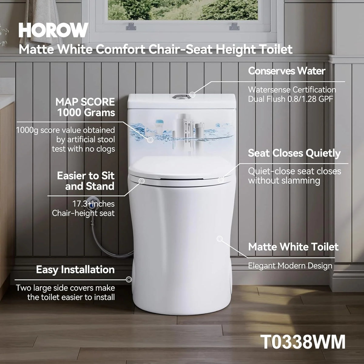 HOROW Compact One Piece Toilet with Comfort Seat ADA Height 17.3" Elongated Dual Flush 0.8/1.28 GPF