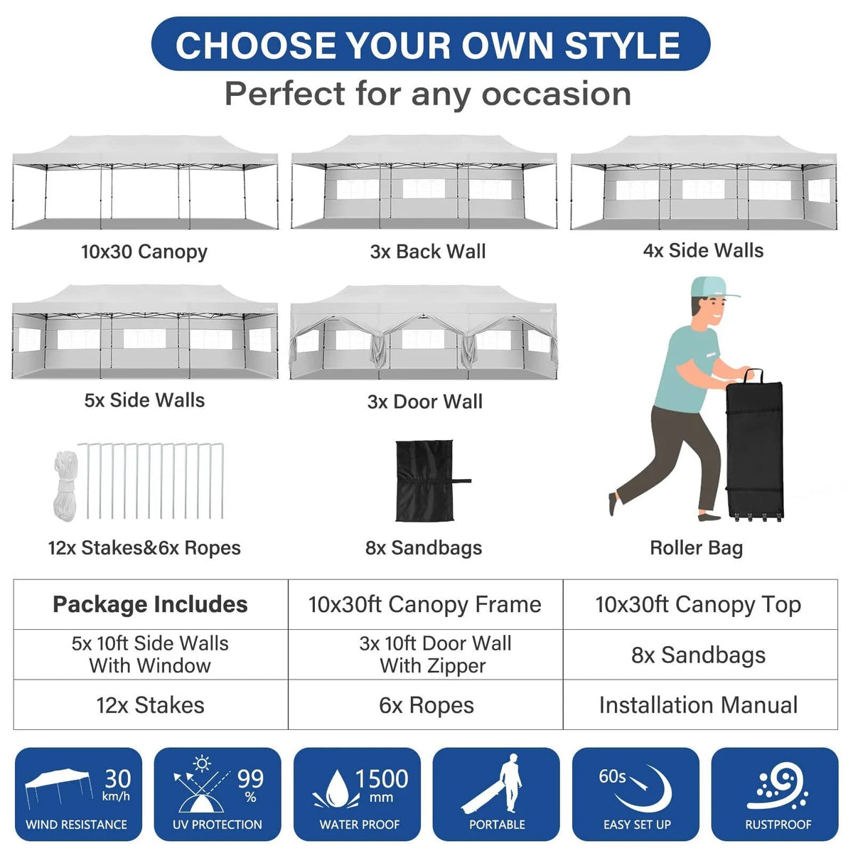 HOTEEL 10'x30' Canopy Heavy Duty Pop Up Canopy Tent Outdoor Gazebo Shelter Waterproof Instant Commercial Tent with 8 Removable Sidewalls & 8 Sandbags & Roller Bag,White