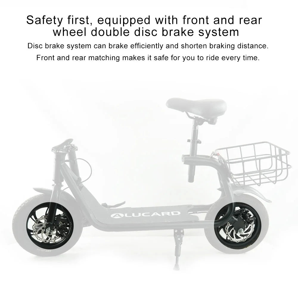 Electric Scooter Adult with Seat, 12 inch Tires 350W Motor Foldable E-Bicycle with Basket Dual Disc Brakes