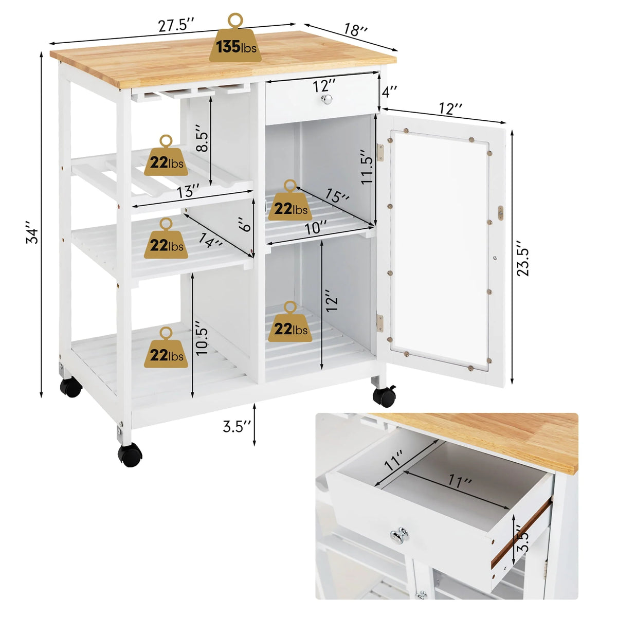 Costway Rolling Kitchen Island Wood Top Trolley Cart Storage Cabinet w/Shelf & Wine Rack