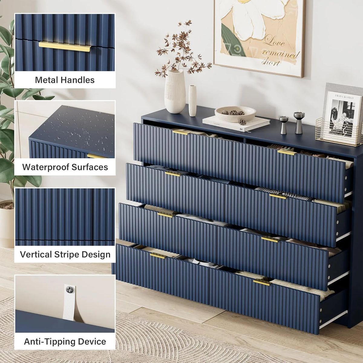 Furniway Black Dresser for Bedroom, 8 Drawer Double Dresser, Modern Chest of Drawers for Bedroom, Living Room, Entryway and Closet, 55" L x 15.7" D x 37.4" H