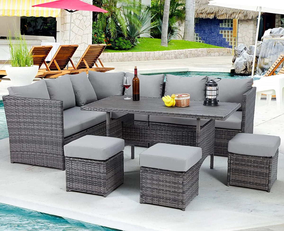 AECOJOY 7 Piece Patio Furniture Set PE Rattan Outdoor Dining Set Sectional Sofa Couch with Table Patio Conversation Set in Gray