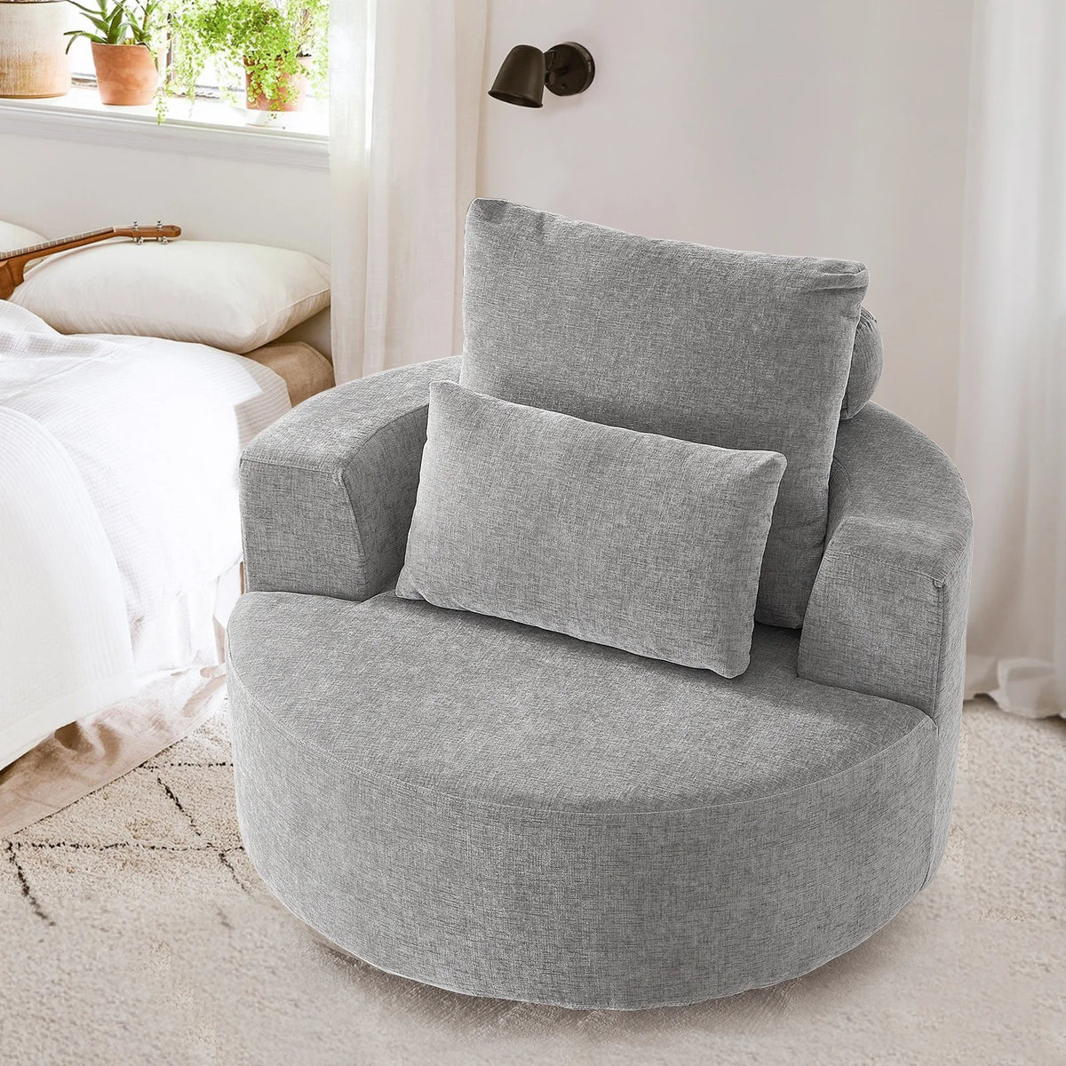 Fumahaus Upholstered Swivel Accent Chair, Oversized Comfy Round Sofa Chair with Two Pillows, Leisure Sofa Chair for Living Room Bedroom, Beige