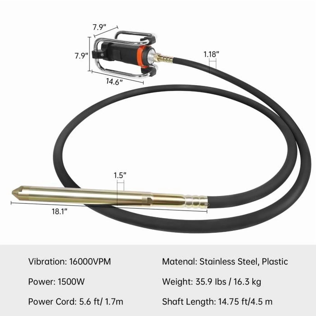 Professional Vibrating Concrete Poker, Stainless Steel & Copper Build, 14.75ft Shaft, for Contractors, Large-Scale Pouring