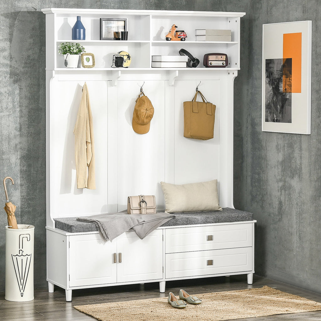 HOMCOM Hall Tree with Storage Bench, Entryway Bench with Coat Rack, Accent Coat Tree with Storage Shelves, Cabinet and Drawers for Hallway, Mudroom, White