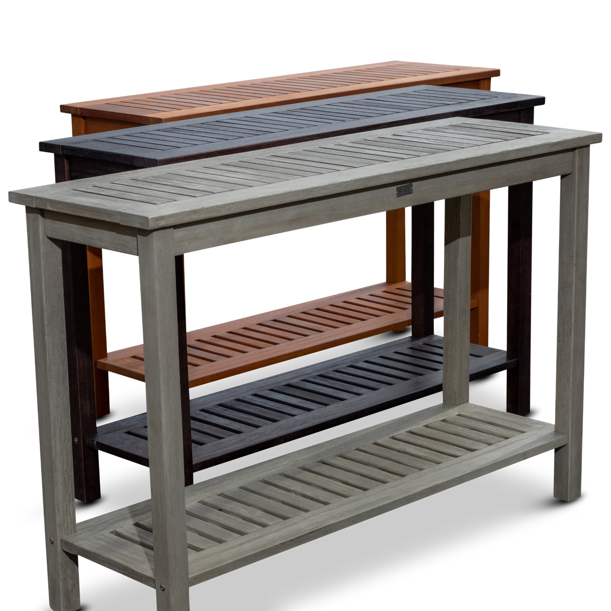 DTY  Outdoor Living Longs Peak Eucalyptus Console Table Silver Gray