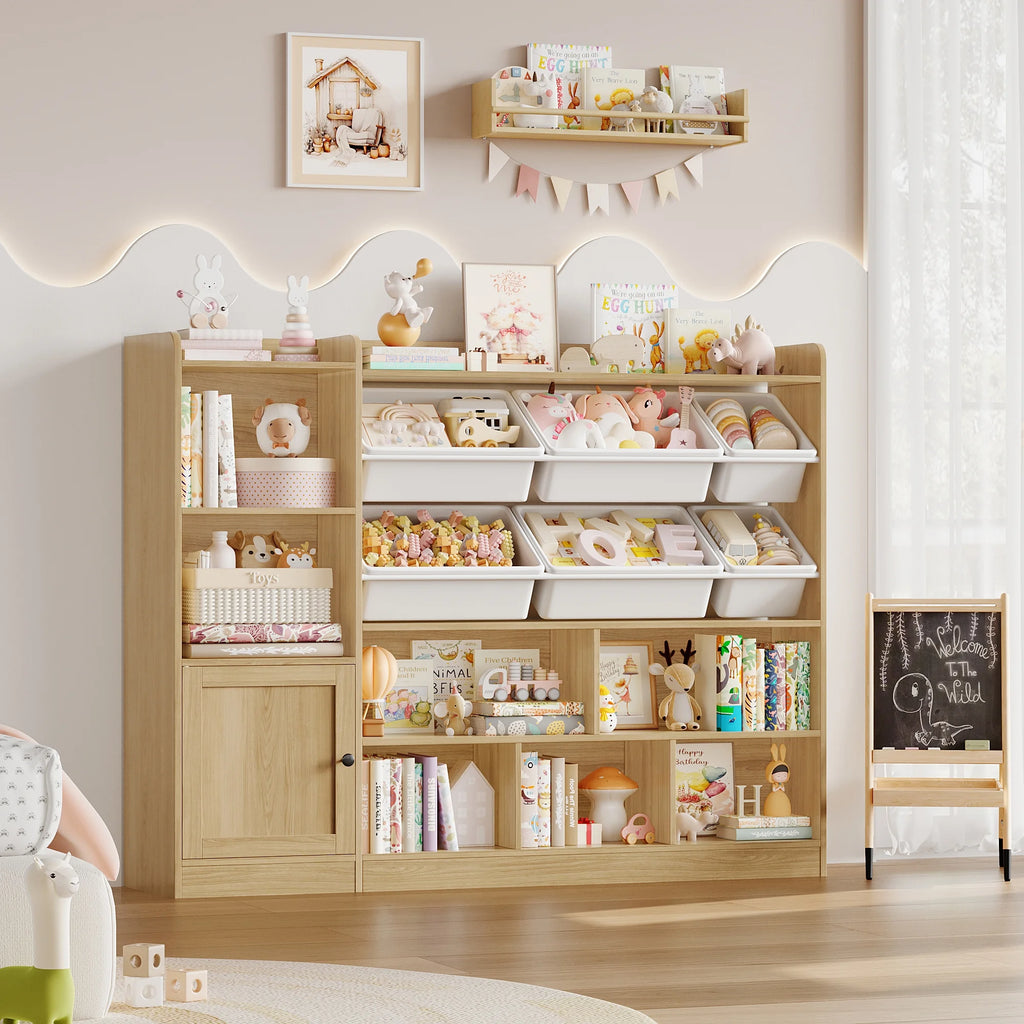 Hiphuta 55"In Kids Bookcase with Toy Storage Organizer, Wood Cube Bookcase Toy Chest of 8 Compartments & 6 Movable Bins, Bookshelf for Kids Bedroom, White