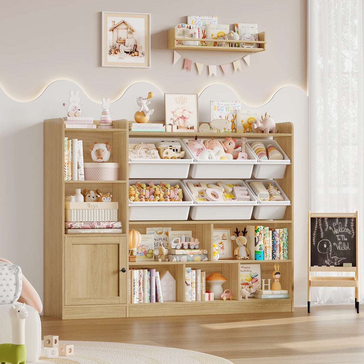 Hiphuta 55"In Kids Bookcase with Toy Storage Organizer, Wood Cube Bookcase Toy Chest of 8 Compartments & 6 Movable Bins, Bookshelf for Kids Bedroom, White