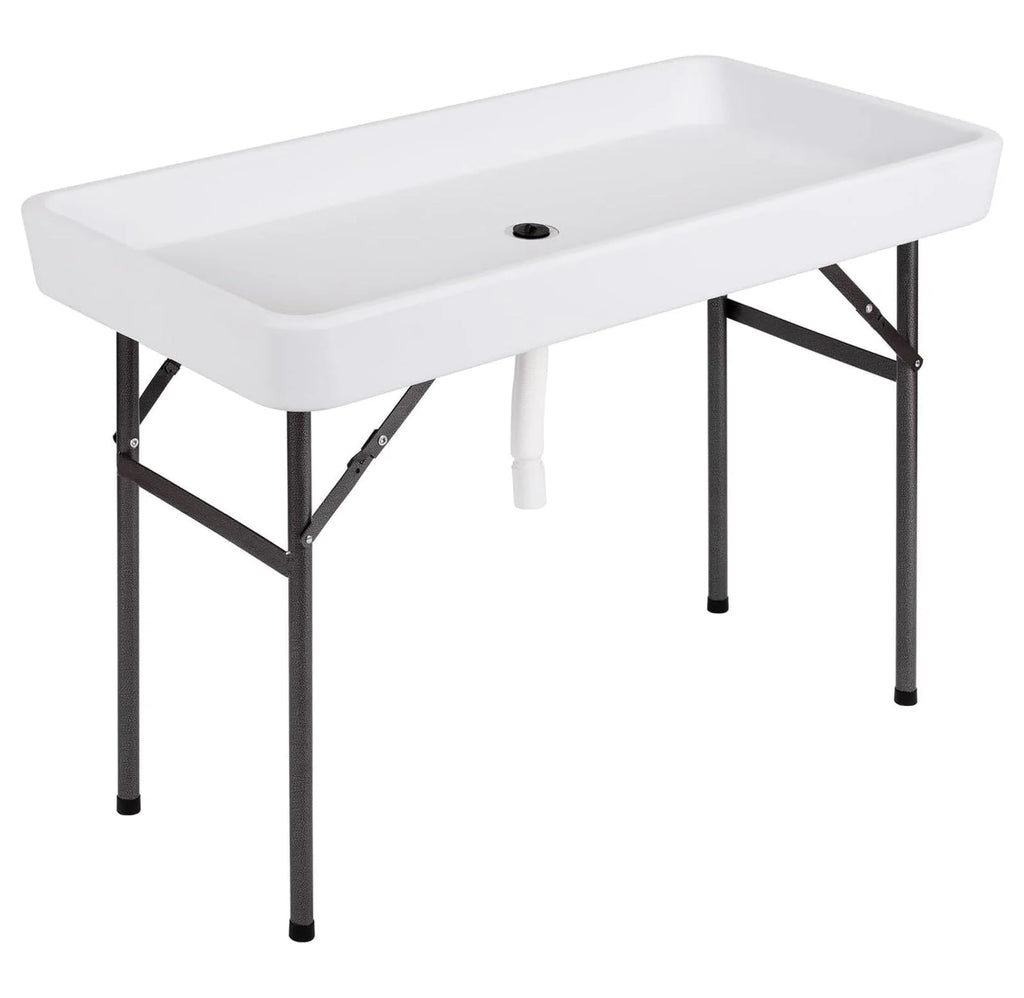 Folding Ice Cooler Table - Portable Beverage Cooler, Buffet Server with Skirt & Drain - Party, Picnic, BBQ, Camping - White 24 in x 47.5 in x 32.5 in