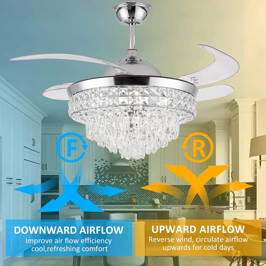 Datingday 42 Inch Crystal Ceiling Fan Golden Crystal Ceiling Fan Chandelier with Remote 6 Speeds 3 Colors Changes Lighting Fixture, 4 Blades Retractable Fans for Bedroom Living Room Dining Room