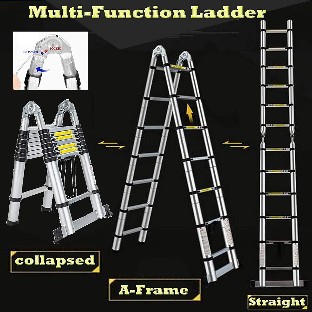 Bowoshen Telescopic Loft Ladder 16.5Ft Extendable Collapsible Step Ladders Securing Bolt 330lb Loading EN131 Certified