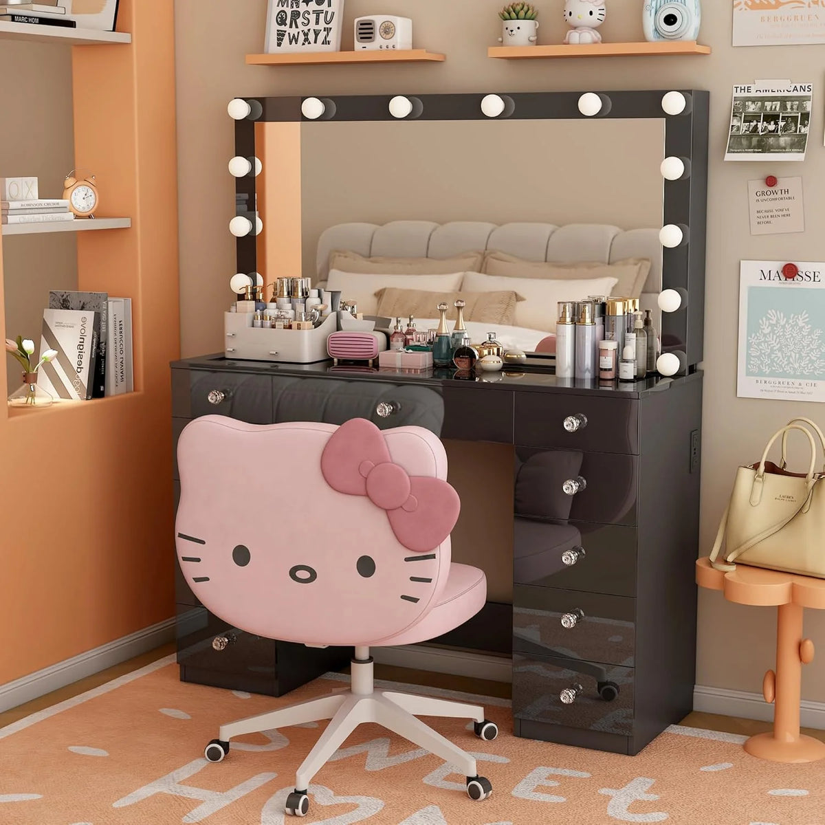 Linor Modern Adult Vanity Desk Set with Mirror, 14 LED Lights, 11 Drawers, Glass Top, White