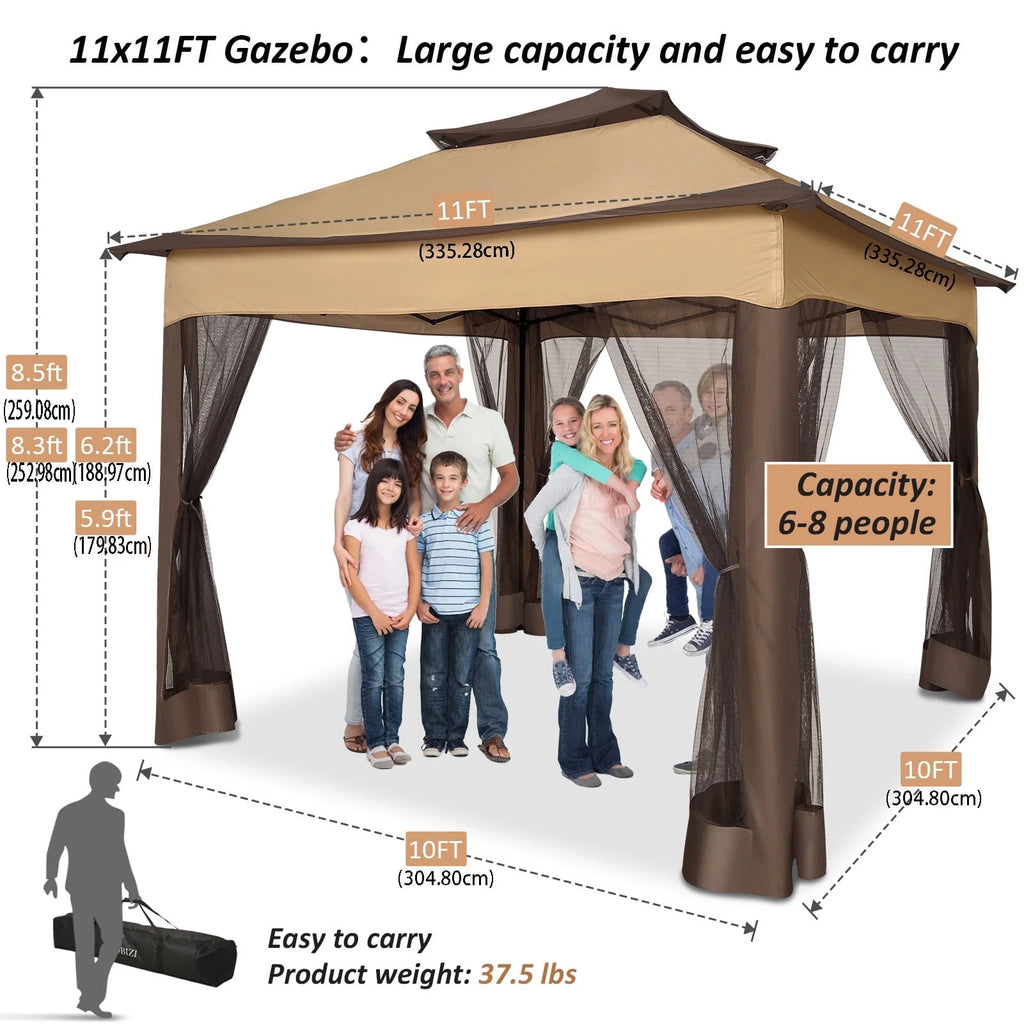 COBIZI 12x12 Outdoor Gazebo Pop Up Gazebo Canopy with Mosquito Netting Patio Tent Backyard Canopy with 2-Tiered Vented Top 3 Adjustable Height, Beige