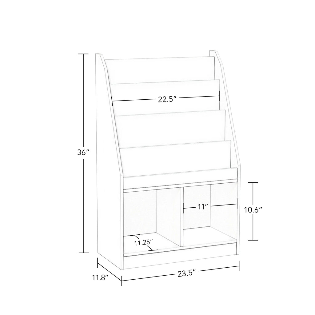RiverRidge Kid Bookshelf Toy Storage Organizer with 4 Bookracks 2 Cubbies and 2 Gray Bins