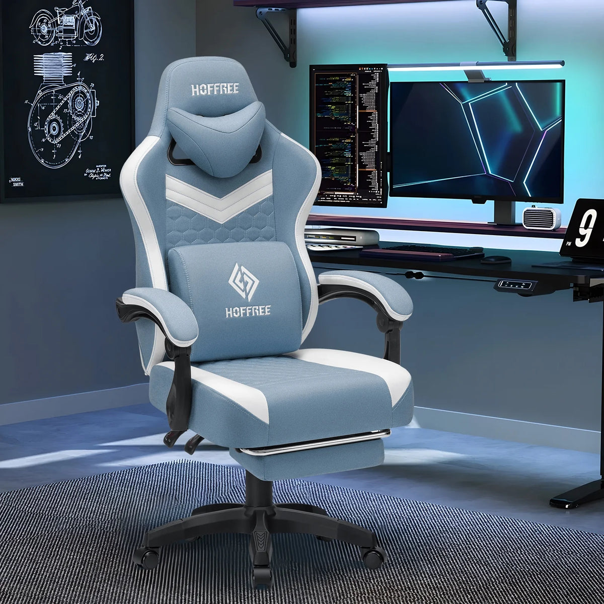 Hoffree Gaming Chair with Massage Fabric Office Chair with footrest for Adults, Ergonomic Gamer Chair with Headrest and Lumbar Support for Office Gaming, 440 LBS