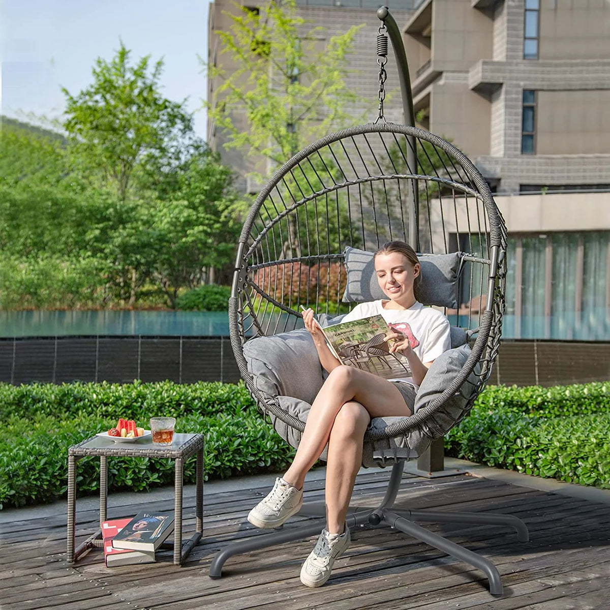 Indoor Outdoor Swing Egg Chair with Stand, Patio Foldable Grey Wicker Rattan Hanging Chair with Cushion, Light Gray