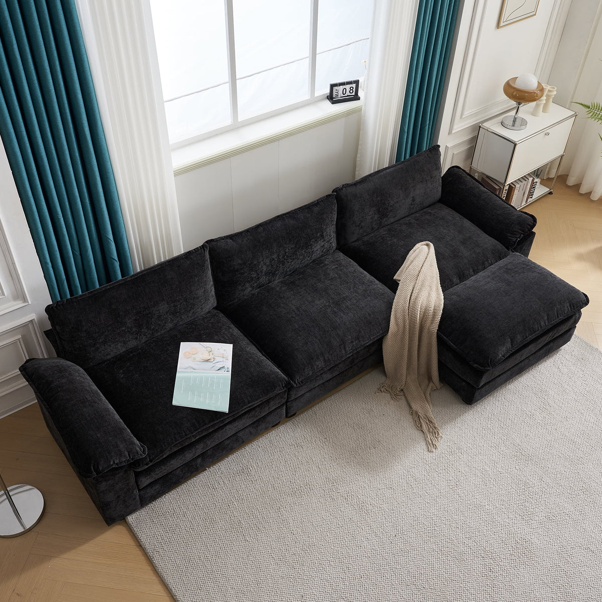 Zimtown Sectional Sofa with Ottoman, L Shaped Convertible Couch with Removable Chaise Chenille Fabric Sofa Set for 4-6 Persons Living Room Furniture Dark Grey