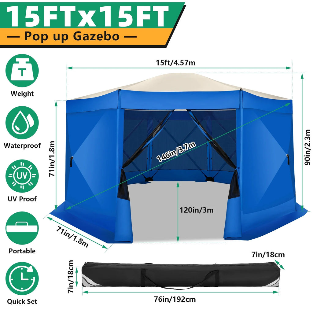 COBIZI 8x8 Pop up Gazebo Tent, Ez up Waterproof Screen Tent Screen House, Portable Outdoor Canopy Sun Shelter with 3 Sidewalls, Carry Bag & Ground Stakes for Camping, Garden and Picnics, Gray