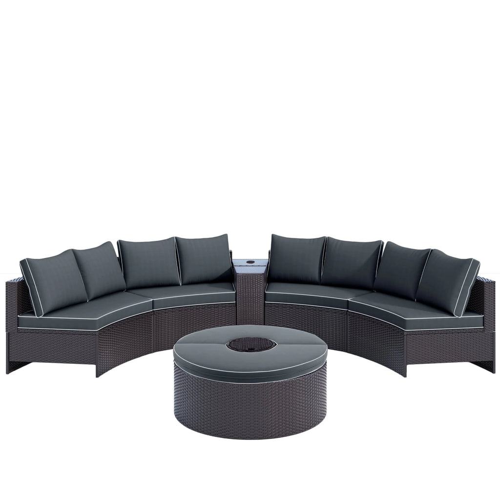 BTMWAY 6 Piece Outdoor Patio Sofa Furniture Set, BTMWAY PE Wicker Half Moon Outdoor Sectional Sofa Set with Side Table for Umbrella, Multifunctional Round Table, Gray Cushions, Pillows, Brown Rattan