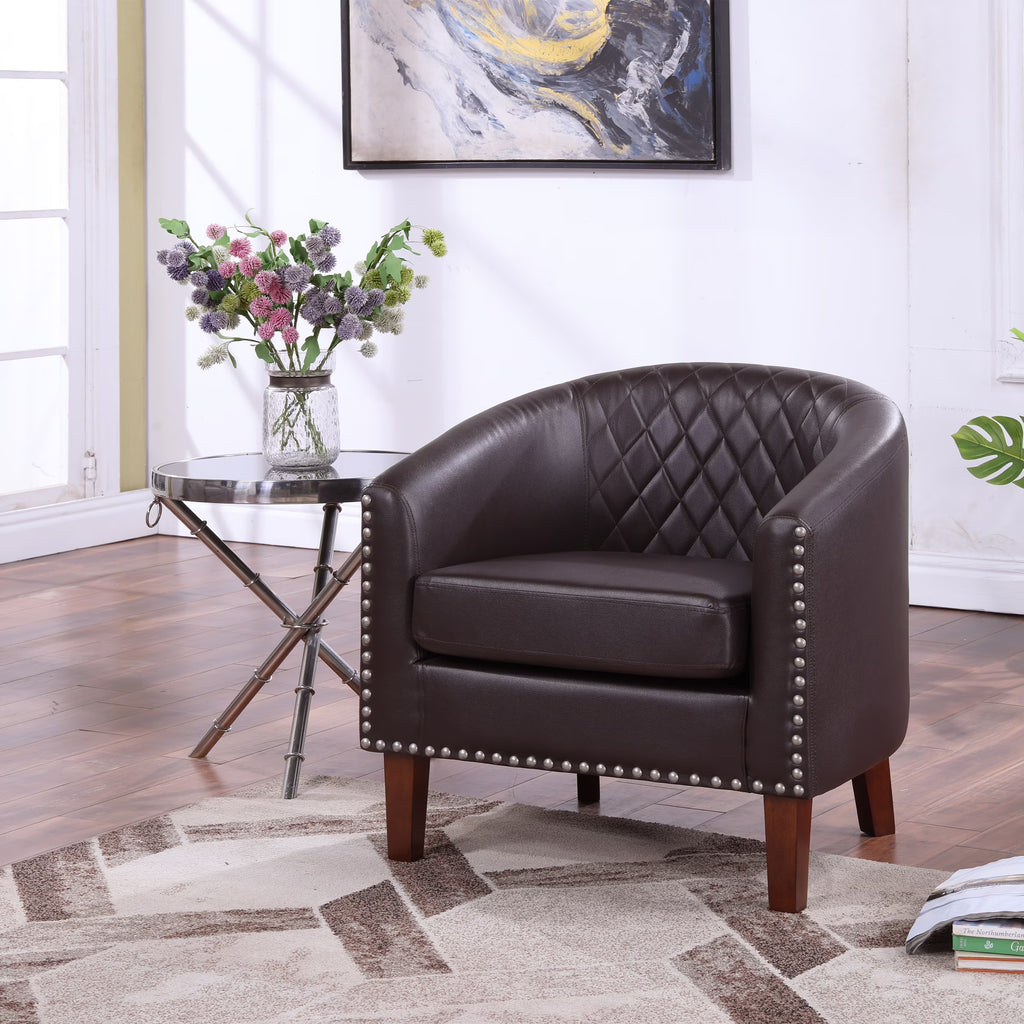 Barrel Accent Chair for living room, modern Leather Club Barrel Chair comfy Reading Armchair for Bedroom, Brown